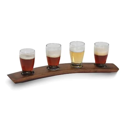 Curata Beer Taster Flight with Four 5.5 Ounce Glasses and French Bordeaux Wine Barrel Stave Tray