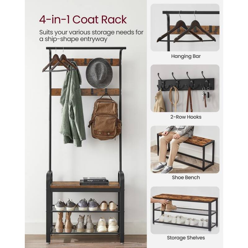 72" Tall Rustic Brown Hall Tree with Shoe Bench Coat Rack Hanging Rod and Storage Shelves - 13.3"D x 28.3"W x 72.1"H
