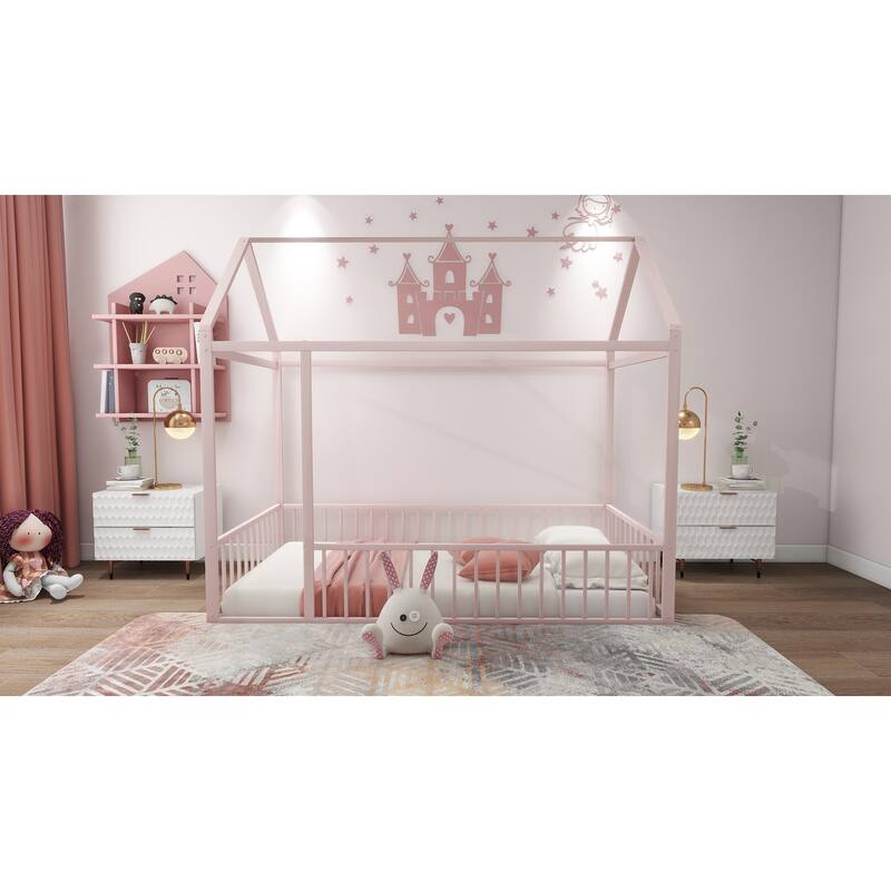 Metal Bed House Bed Frame with Fence