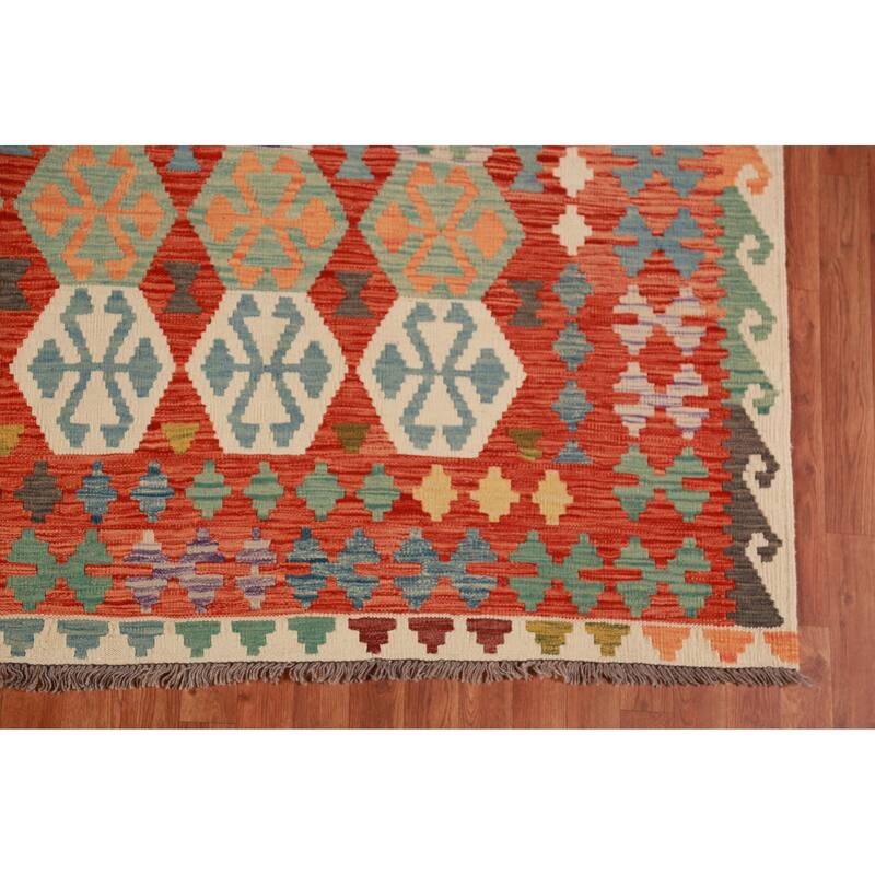 Geometric Kilim Large Rug Flatweave Dining Room Wool Carpet - 10'4"x 15'9"
