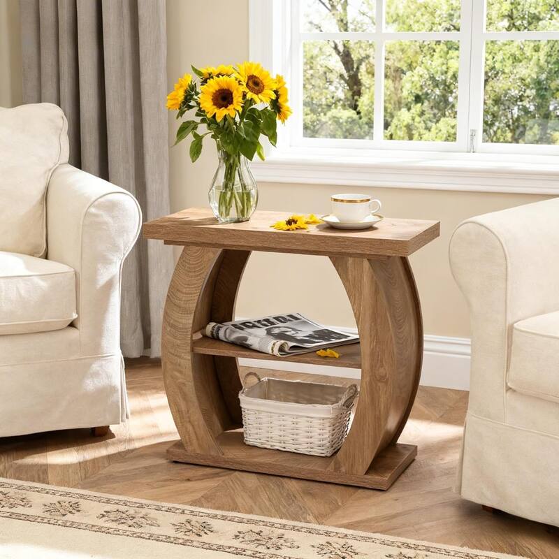 3-Tier Wooden End Table with Curved Frame, Farmhouse Narrow Bedside Table Side Table - Natural