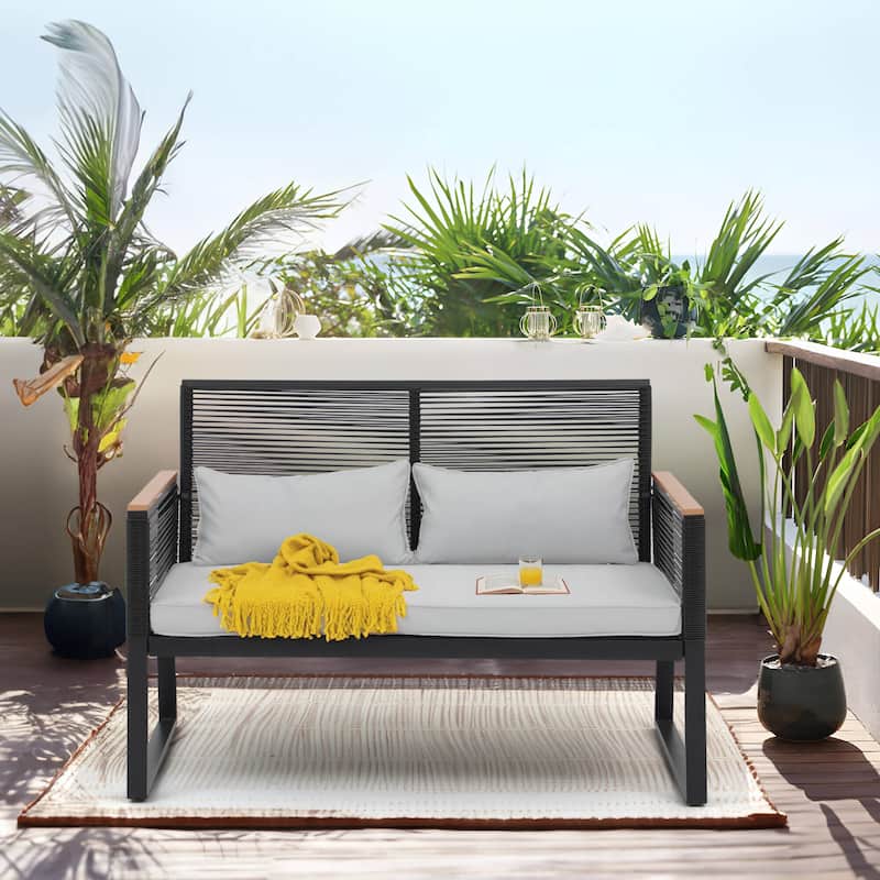 Patio Wicker Loveseat with Cushions - Black/Grey