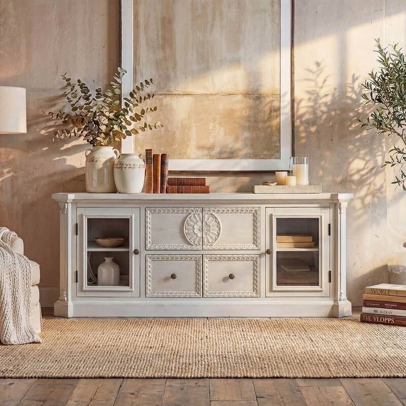 Farmhouse TV Stand with Storage, Solid Wood Media Console Cabinet for Living Room, Fully Assembled