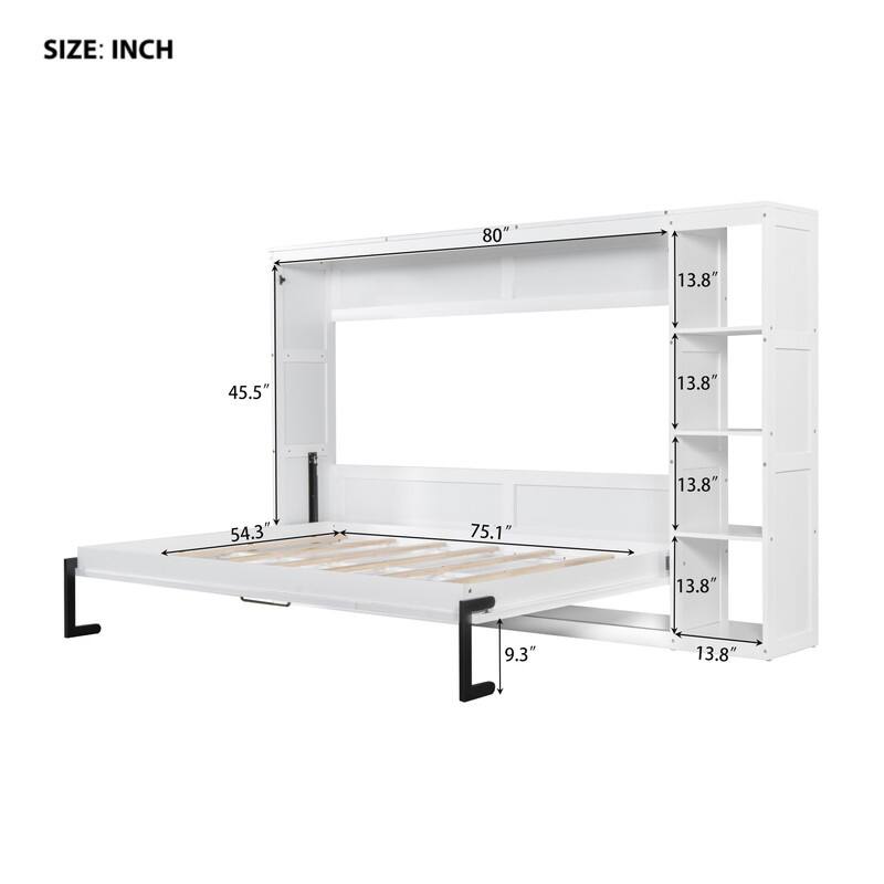 Full Size Murphy Bed with Bookshelf, Foldable Bed Frame with Storage Shelves, Wooden Cabinet Bed with Handle