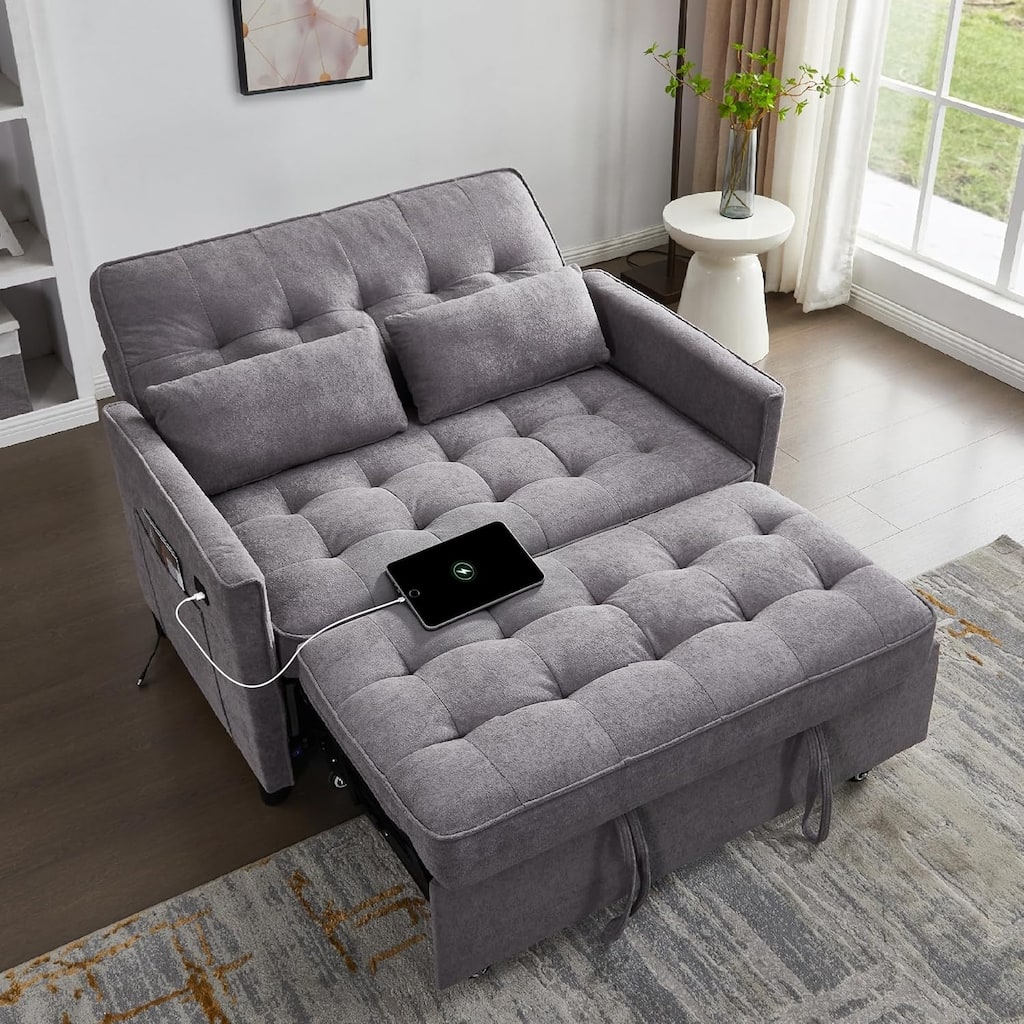 Convertible Sofa Bed,3 in 1 Pull Out Couch,Loveseat Sleeper with Adjustable Backrest,Side Pocket,USB Charging Port