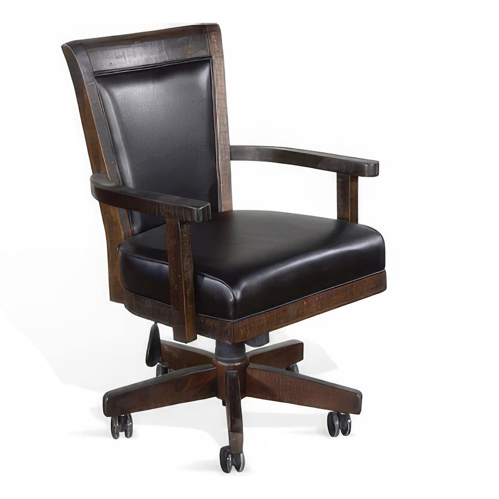 Flint Rolling Swivel Game Chair, Black Faux Leather, Dark Brown Wood