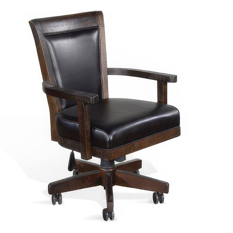 Flint Rolling Swivel Game Chair, Black Faux Leather, Dark Brown Wood