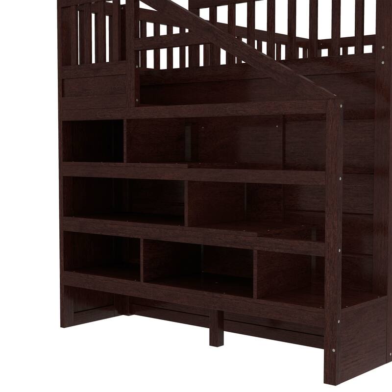 Children's Bedroom Solid Wood Loft Bed with Movable Desk, Storage Stairs, Shelves, Safety Guardrails and Optional Full or Twin