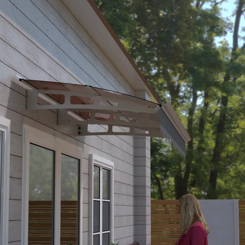 79x34 Inch Window Awning with Aluminum Bracket, Polycarbonate Roof, and Valance for Wooden Wall