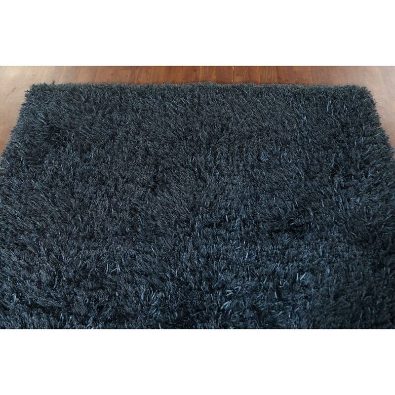 Blue Plush Shaggy Indian Area Rug Hand-Tufted Wool Carpet - 5'0" x 8'0"
