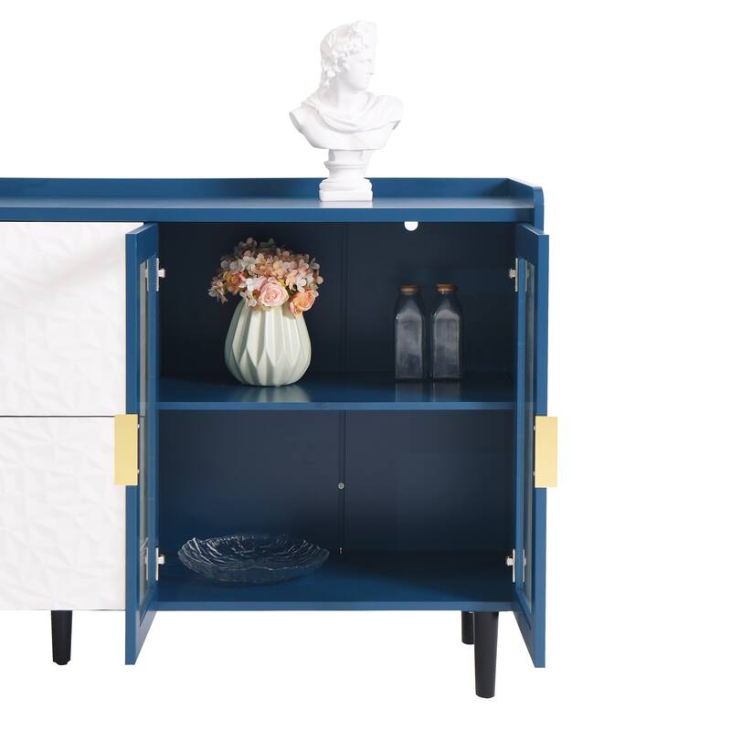 Blue Storage Cabinet Coffee Bar Cabinet Sideboard with 2 Drawers & Glass Doors, Buffet Table TV Console Table Display Cabinet