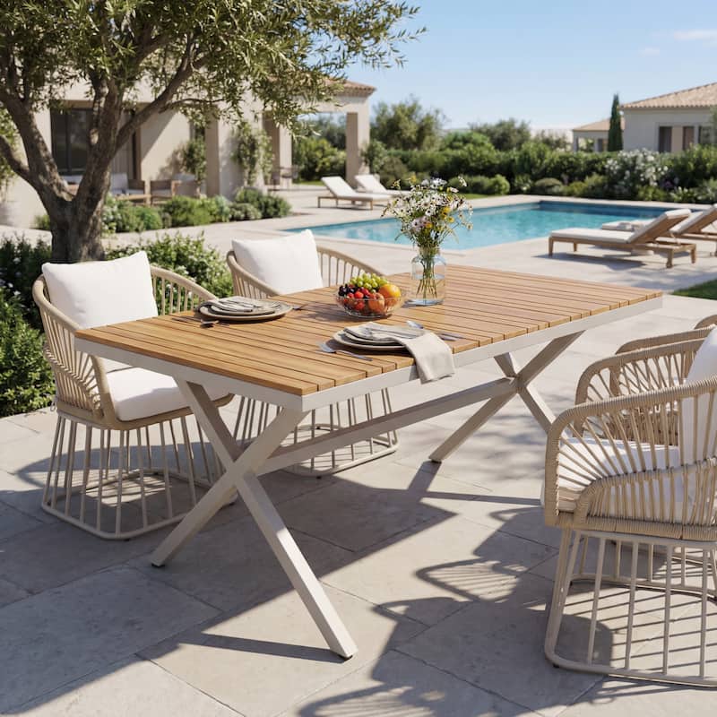 Christopher Knight Home Thalric Patio Acacia Wood Top and Steel Frame Rectangular Dining Table - Teak + Beige