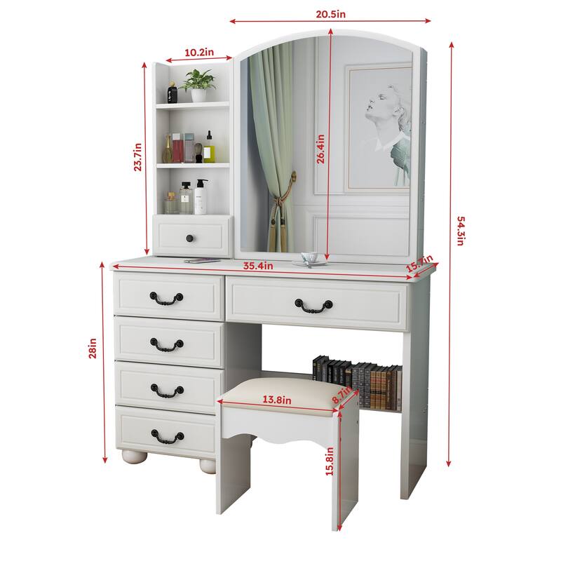 6 Drawers Vanity Desk with Large Led Makeup Mirror, Dressing Table and Stool Set for Bedroom