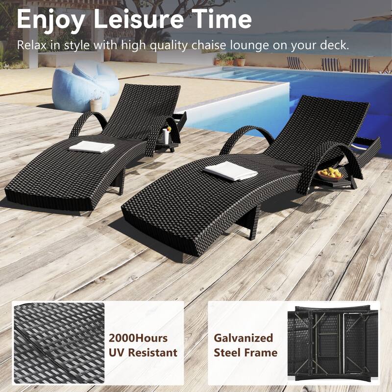 2 Pieces Outdoor Patio Rattan Chaise Lounge Chairs Set, Ergonomic Wave Design Pool Sunbathing Recliners, Black
