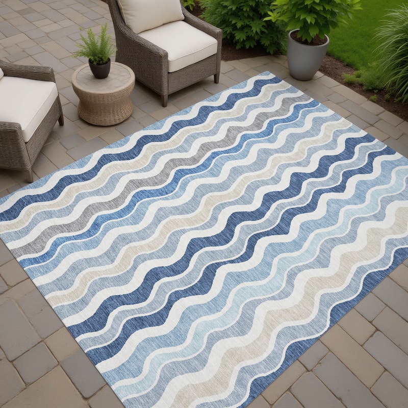 Machine Washable Indoor/ Outdoor Funky Stripe Chantille Rug - Blue - 5' x 7'6"