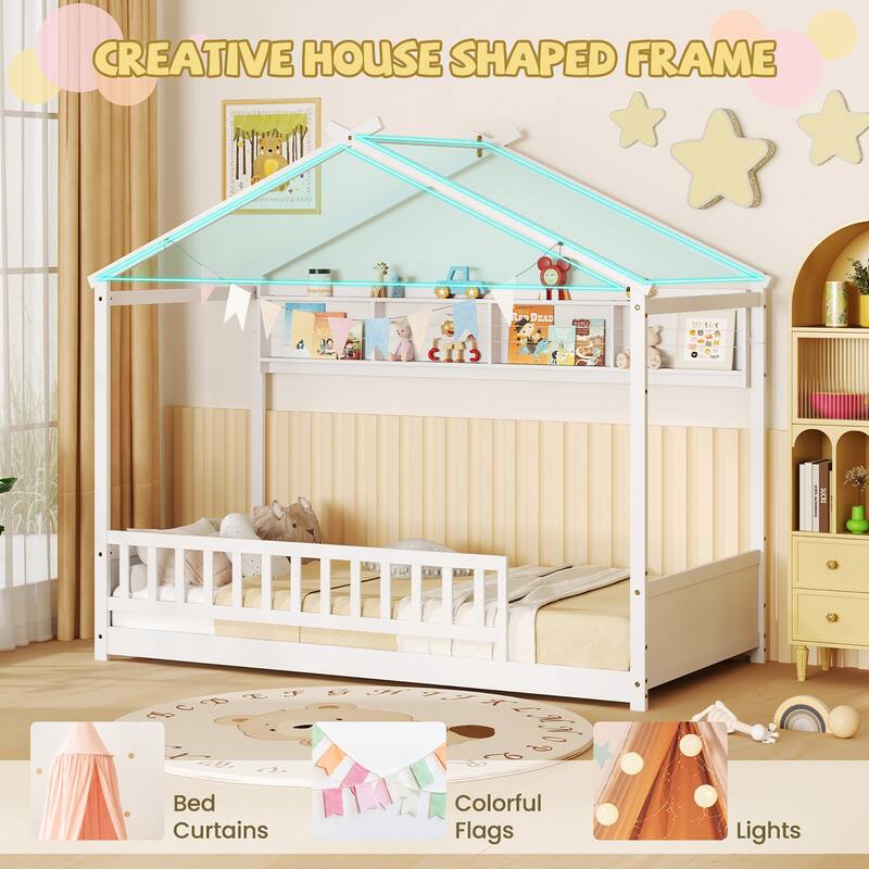 Gymax Twin Size House Bed w/Storage Shelf Headboard & Guardrail Wooden