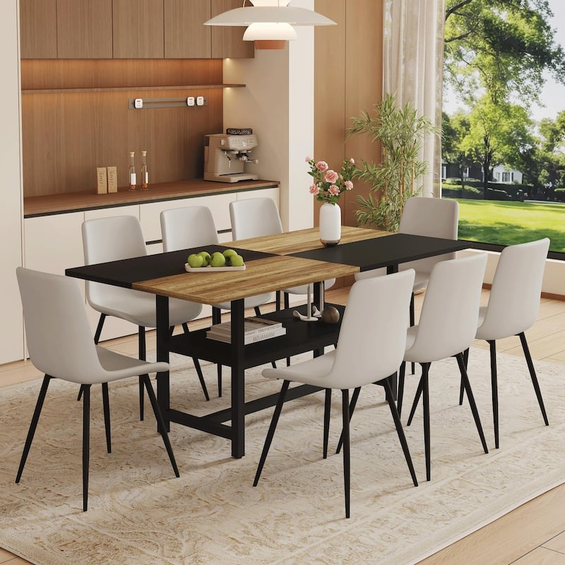 Black Dining Table, Minimalist Dining Table Set with Storage Shelf, 9-Piece Dining Set with 8 Leather Chairs