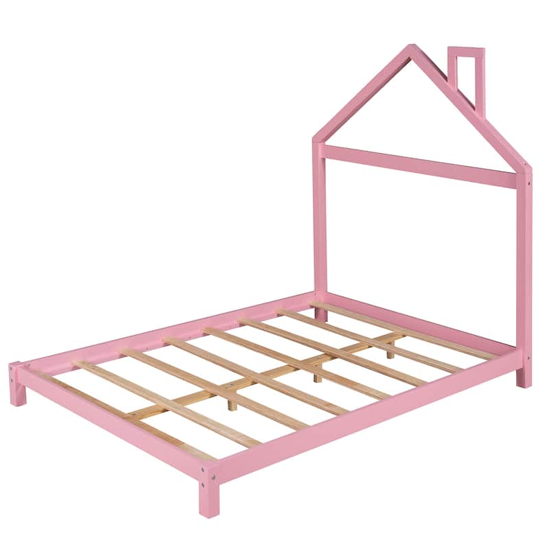 Grey Full Size Wood Platform Bed with House-shaped Headboard - Pink