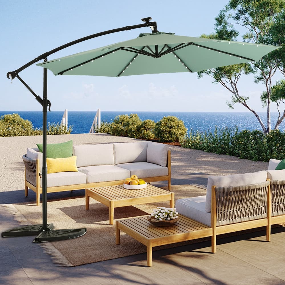 HOMEFUN 10ft Solar LED Offset Hanging Market Patio Umbrella