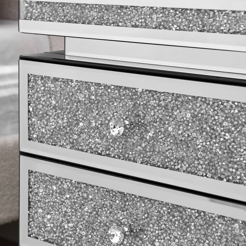 Mirrored Nightstand With 3 Drawers, Nightstand With Crystal Inlay, Mirror End Table