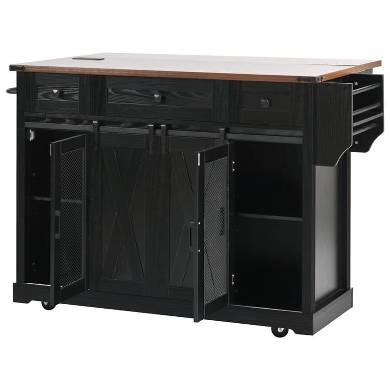 Farmhouse 58" Kitchen Island with Drop Leaf, Rolling Kitchen Island on 5 Wheels with Sliding Barn Door and Adjustable Shelves