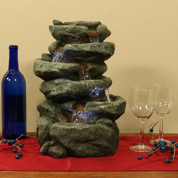 Sunnydaze 6 Tier Stone Falls Tabletop Indoor Water Fountain with LED - 15-Inch