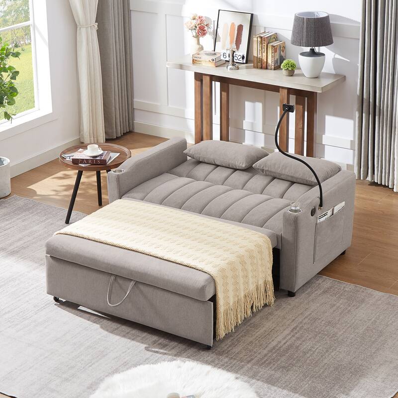 Modern Convertible Sofa Bed with 3 USB Ports, 2 Side Pockets, 2 Cup Holders and Phone Holder for Living Room and Apartment