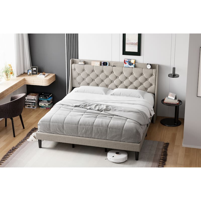 Bed Frame with Charging Station and Storage Shelf