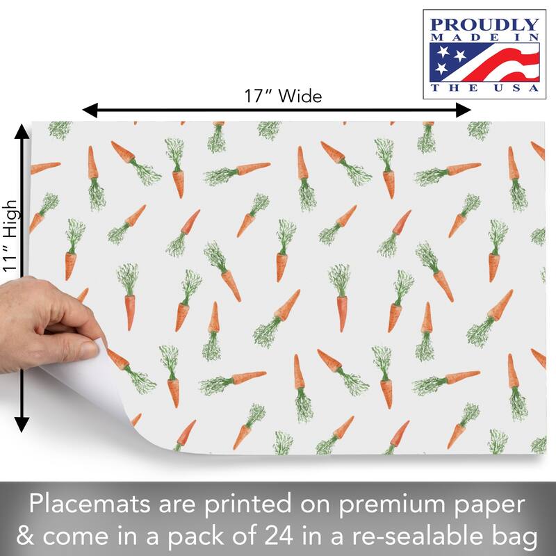 Carrot Toss 24 Sheet Reusable Premium Paper Stock Placemats in Resealable Storage Bag Made in The USA 17" x 11"