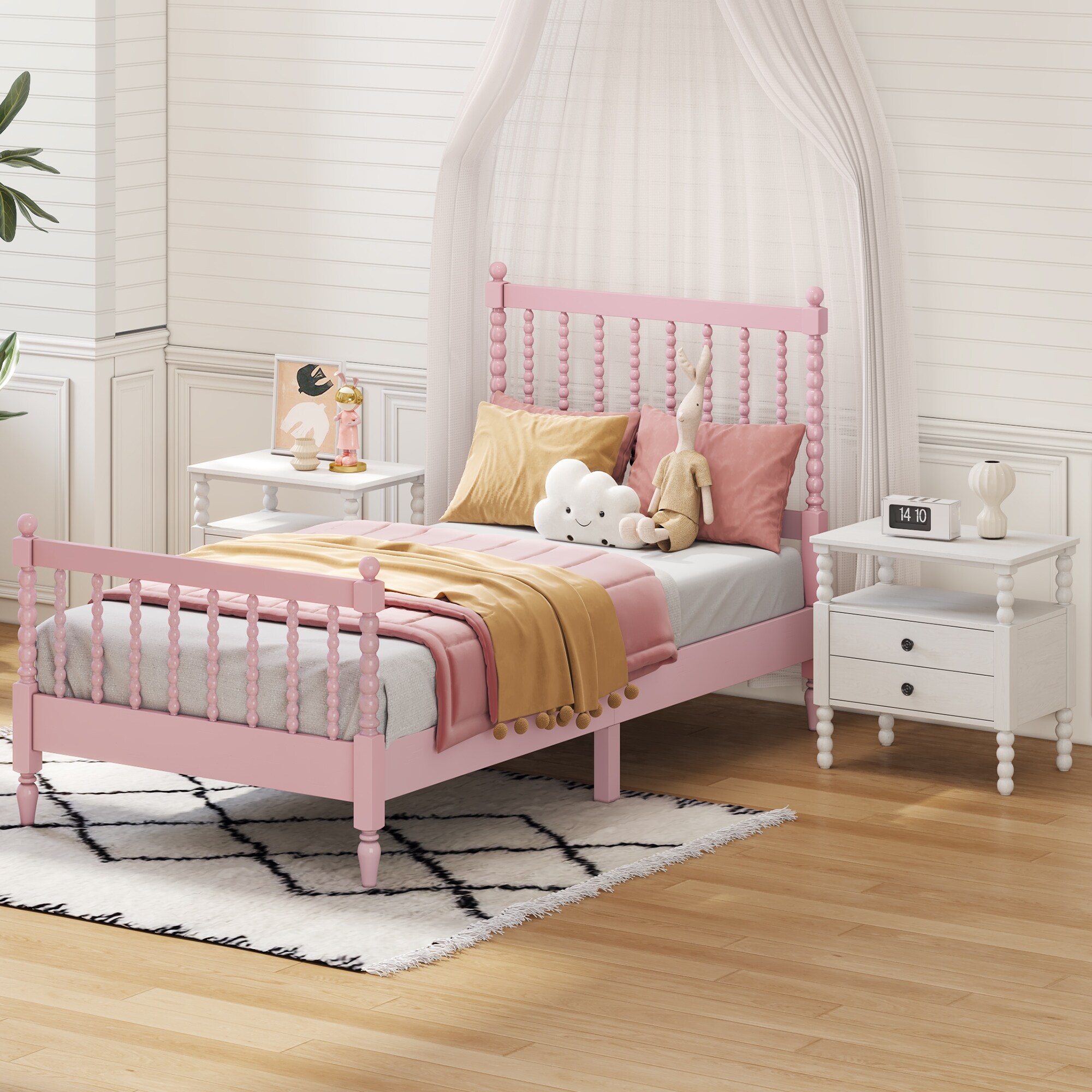 Wood Platform Panel Frame Pink Twin Size Bed with 2 White Nightstands