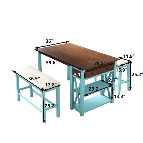 4Piece Counter Height Kitchen Dining Table Set with Storage Shelves, Drawer, 2 Stools and Bench