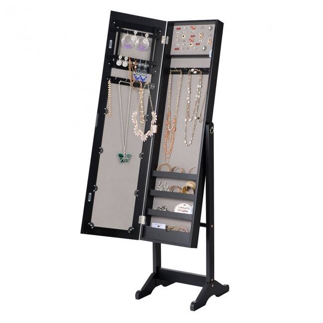 Mirrored Standing Jewelry Cabinet Storage Box - 13" x 14.5" x 56" (L x W x H)