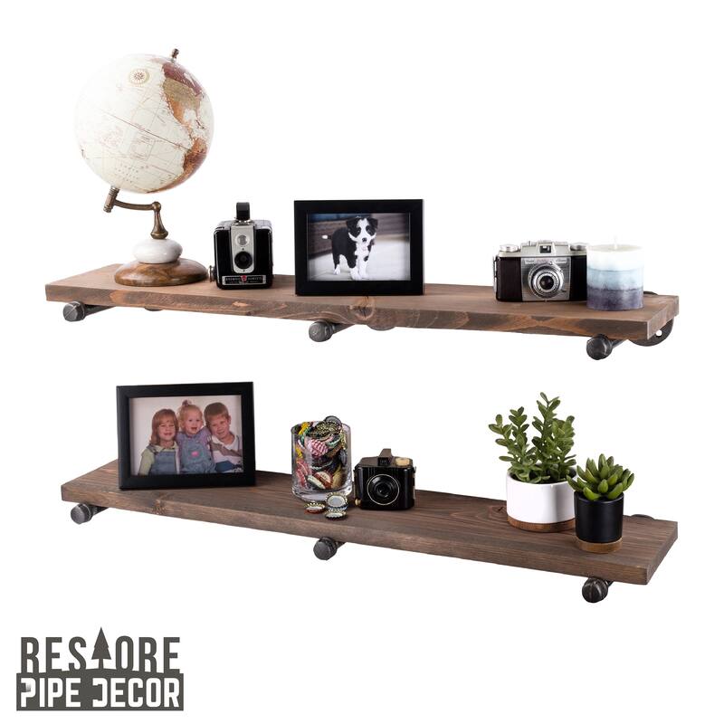 Restore Wood 36 in. Wall Shelf Straight Steel Pipe Brackets, Set of 2 - Sunset Brown
