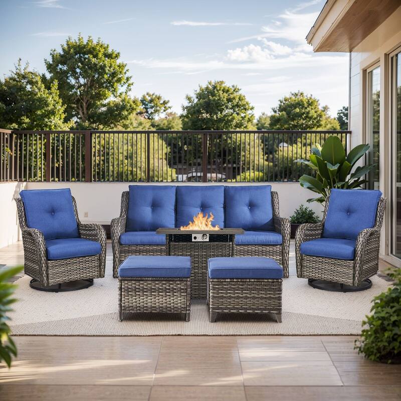 Pocassy Fire Pit Table with Sofa Swivel Chairs Set - Grey Wicker Blue Cushion - 6 Pieces Sofa Chair Ottoman with Fire Table