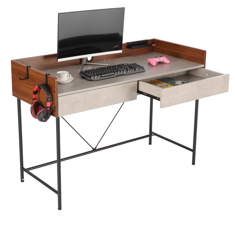 JJS 48" Home Office Computer Laptop Desk with Drawers, Modern Wooden Compact Study Writing Desk with Privacy Panel and Storage
