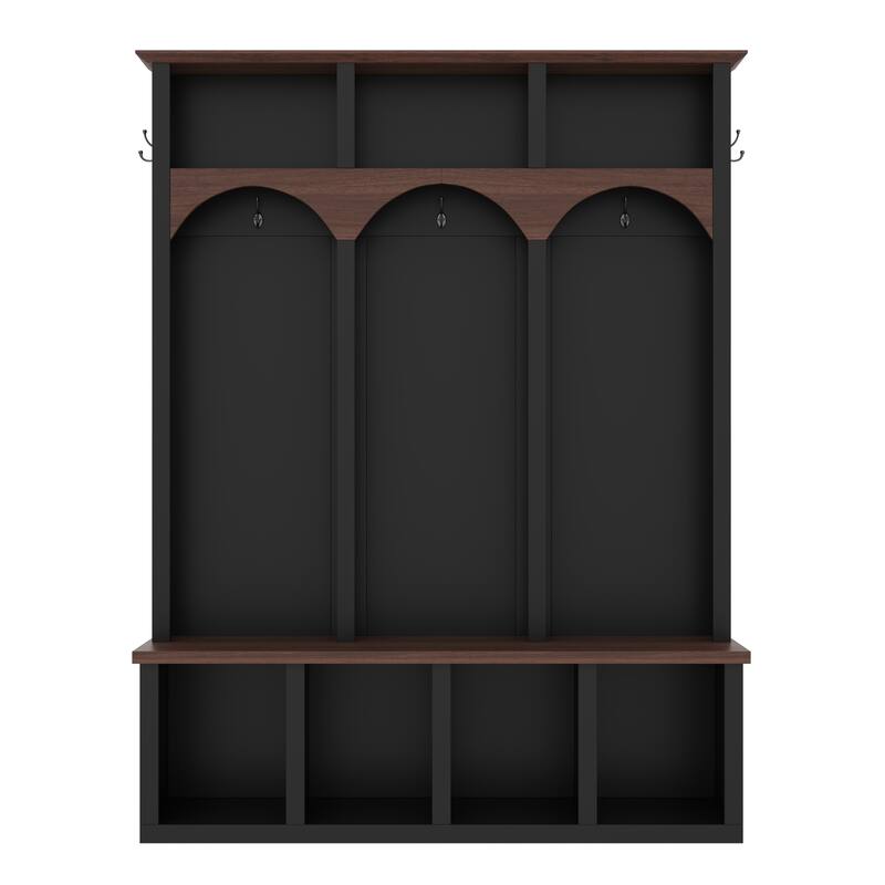 4-in-1Farmhouse Arched Design Hall Tree, Wooden Practical Entryway Walnut Storage Bench with 5 Black Hooks, 7 Cubbies