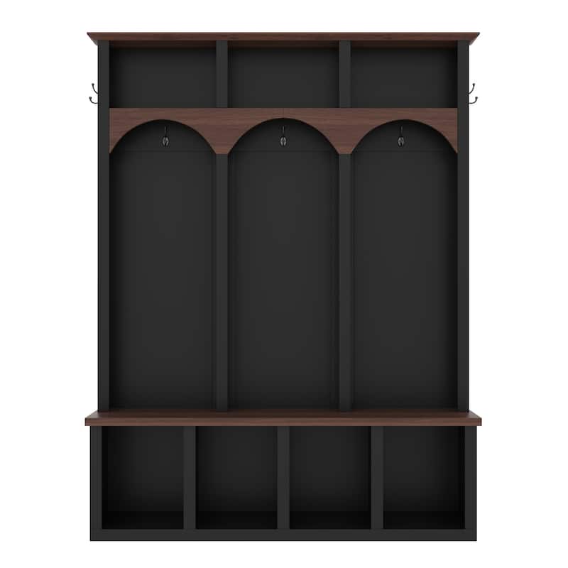 Farmhouse Hall Tree with Storage Bench & Shoe Cabinet, Arched Entryway Organizer with 5 Hooks and 7 Cubbies, Walnut Finish