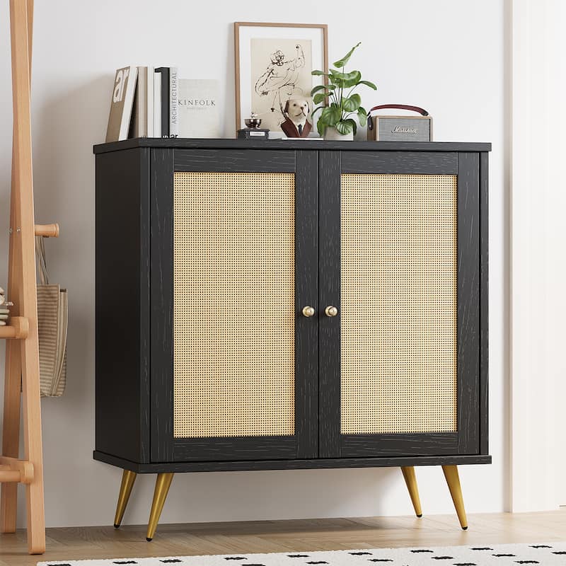 Farmhouse Rattan Storage Cabinet, Natural Buffet Sideboard - N/A - Black