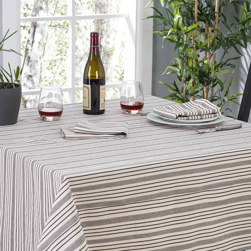 French Home 71" x 95" Black and Cream Multi-Striped Tablecloth - 71" x 95"