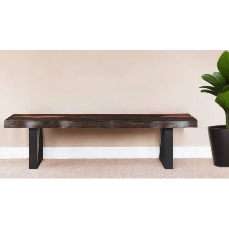 HomeRoots 68" Dark Brown and Black Distressed Solid Wood Dining Bench - 68 - 68