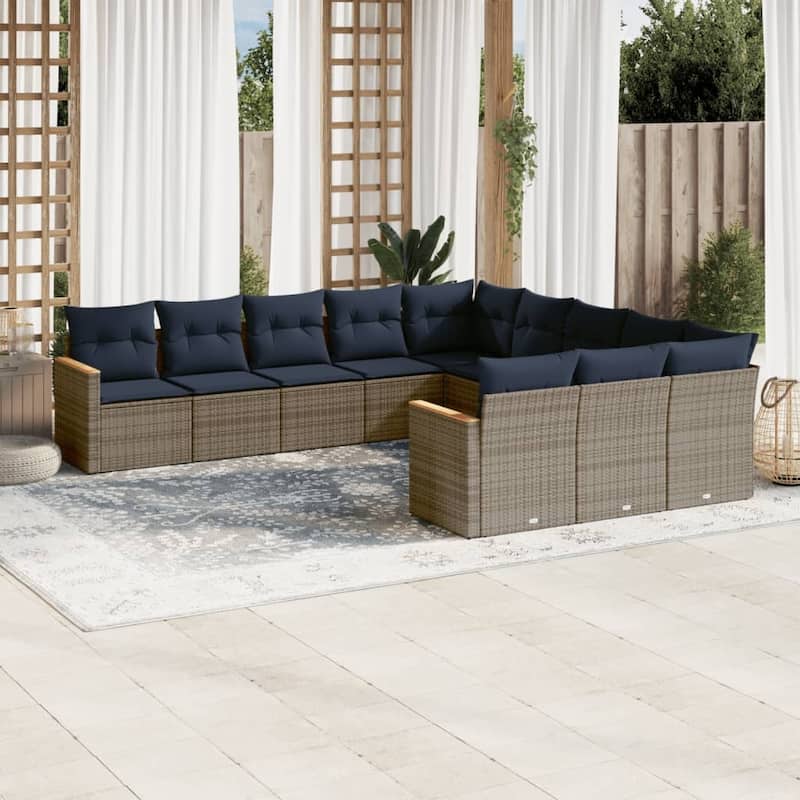 vidaXL 11/12 Piece Patio Sofa Set with Cushions Black/Gray Poly Rattan - 24.4 x 24.4 x 27.2 - Gray Without table