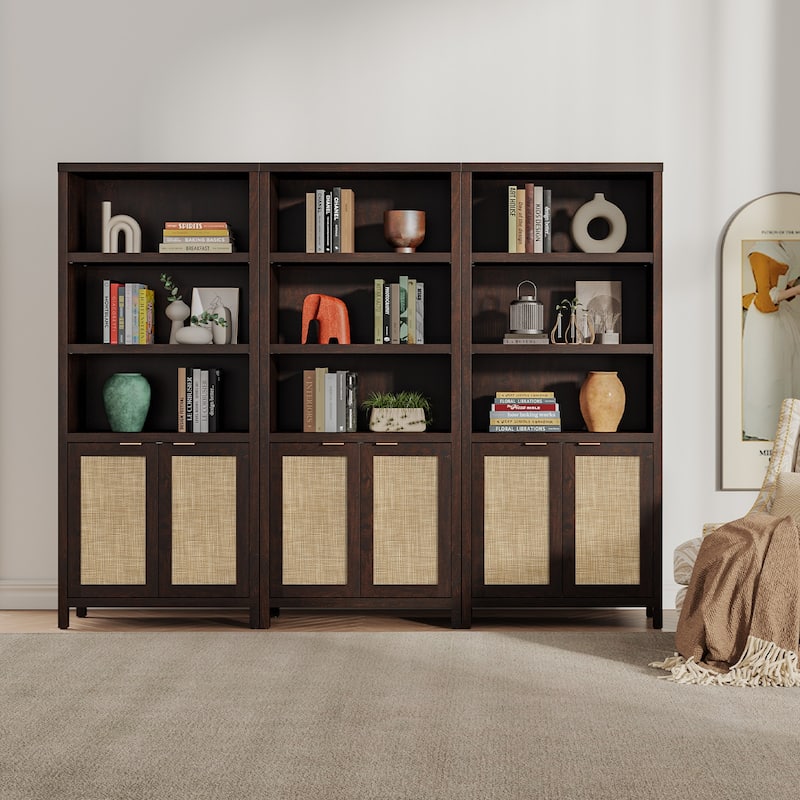 SICOTAS 5 Tier Adjustable Bookcase with Rattan Storage Cabinet