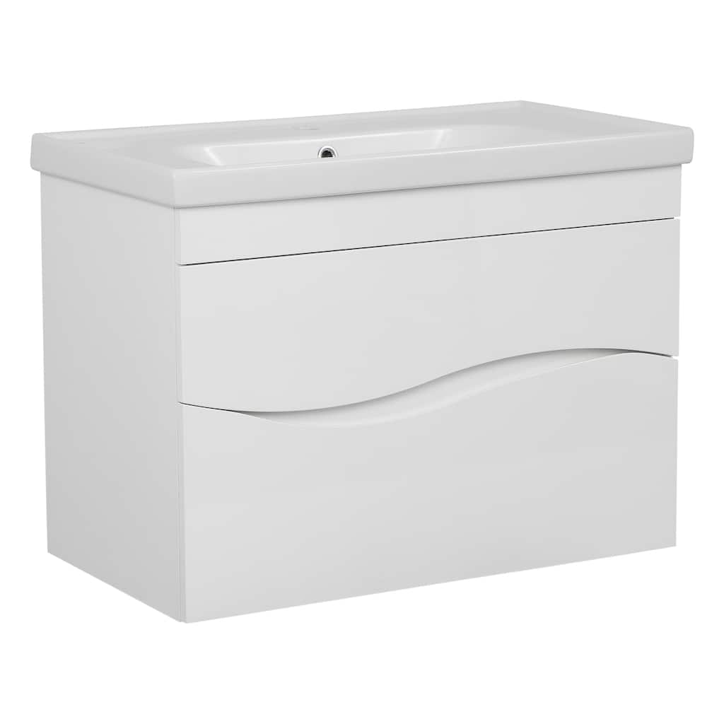 Modern Wall-Mounted Bathroom Vanity with Washbasin Wave White High Gloss Non-Toxic MDF-26"-Simple 32"