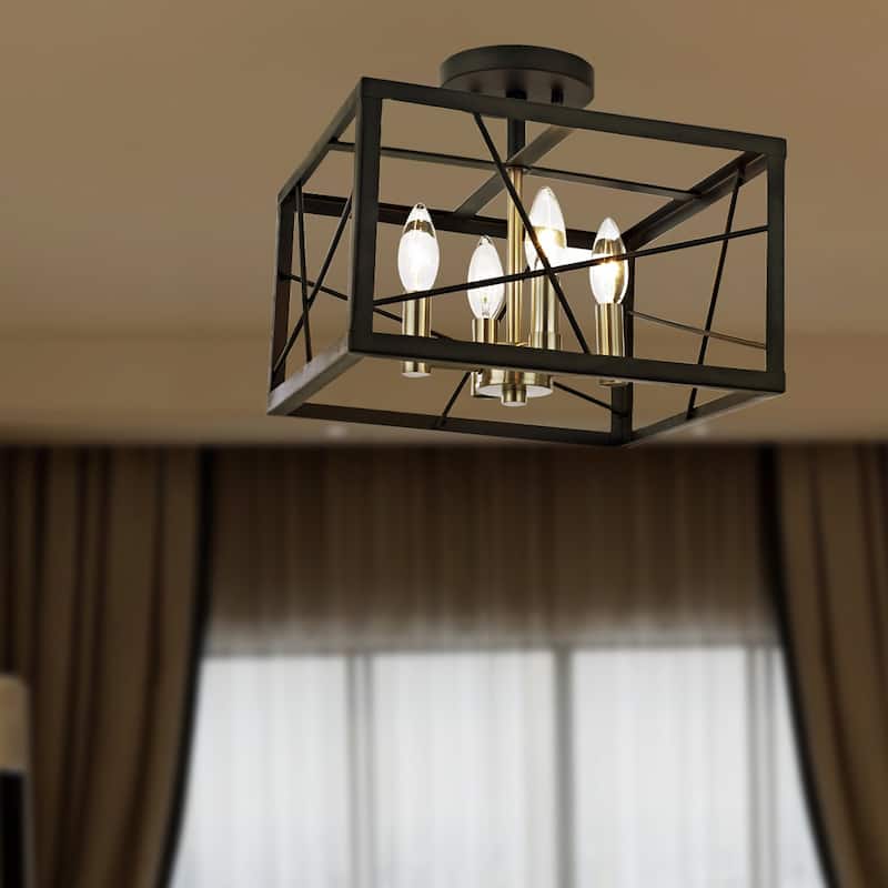 Rinah Matte Black+Brushed Nickel 4-Light Rectangle Metal Cage Semi-Flush Mount