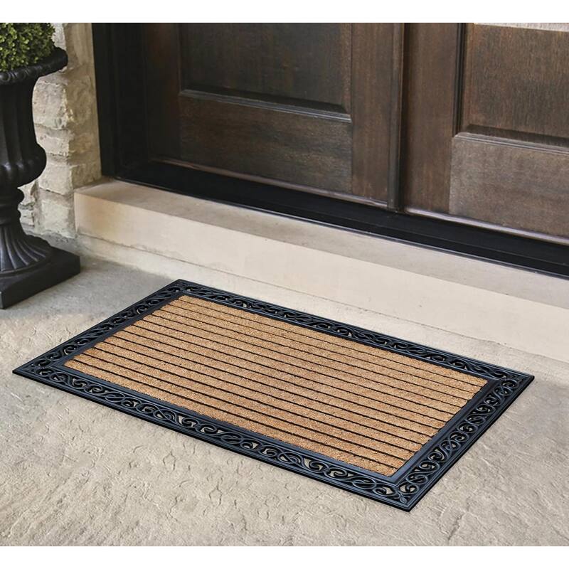 A1HC Rubber and Coir Striped Border Durable Double Door Doormat Black/Beige - 30"X48"