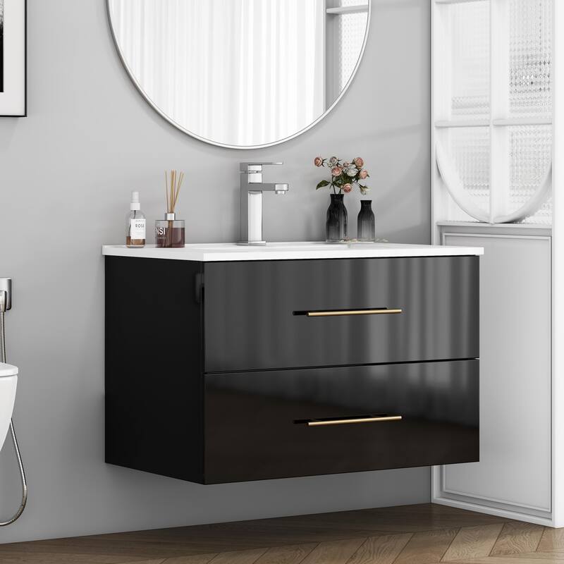 30-Inch Gloss Wall-Mounted Bathroom Vanity with Sink Combo, Double Drawers,Ceramic Sink,Long Metal Handle