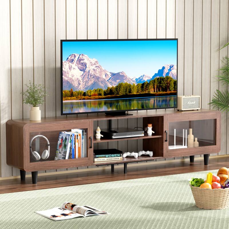65" Mid Century TV Stand with Glass Doors and Charging Station