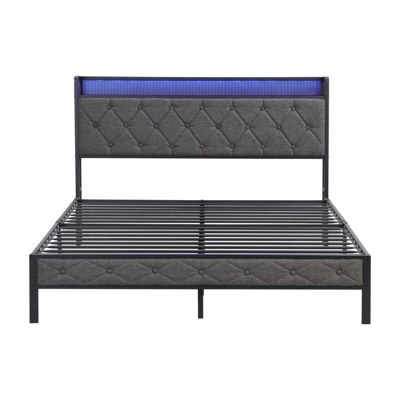Grey Full Bed Frame with Upholstered Headboard and LED Lighting abd Built-in Charging Ports