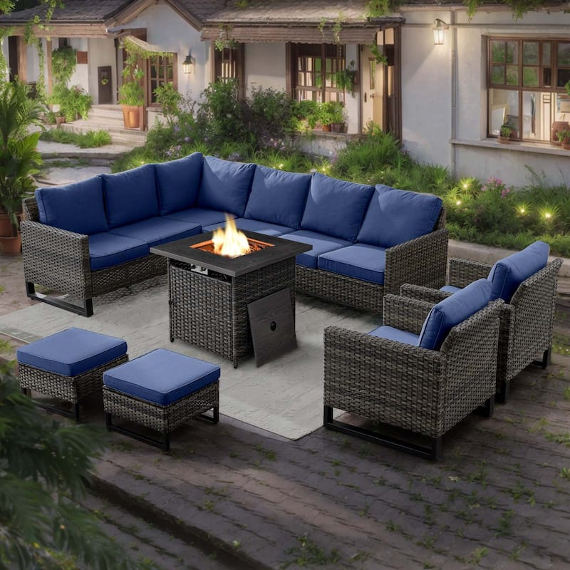 Gymojoy 7PCS Sectional PE Wicker Rattan Sofa - Grey - Blue