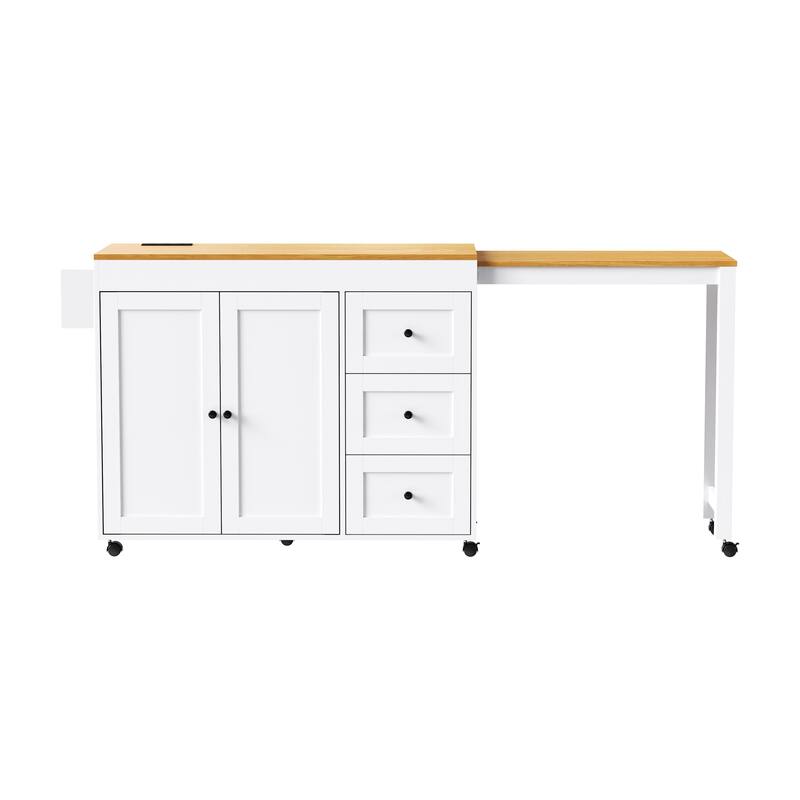 Modern Kitchen Island with Extendable Dining Table, 3 Drawers, 2-Door Cabinet, Power Sockets and Spice Rack, for Kitchen